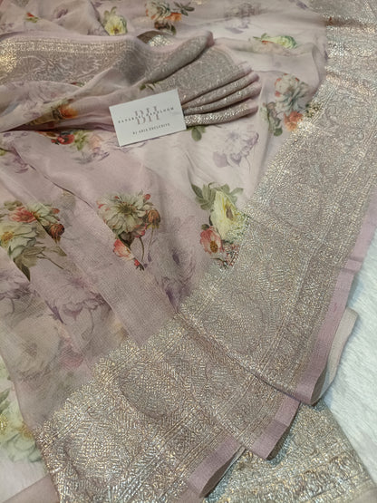 Pure Handloom Khaddi Chiffon Banarasi Saree with Floral Digital Print