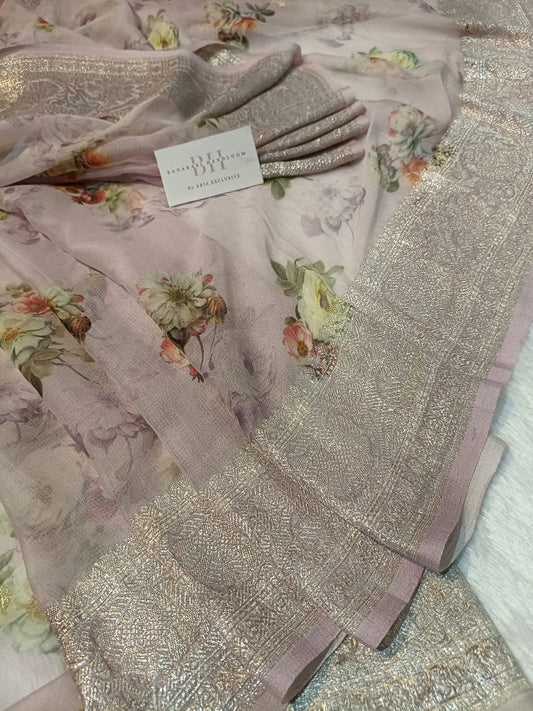 Pure Handloom Khaddi Chiffon Banarasi Saree with Floral Digital Print