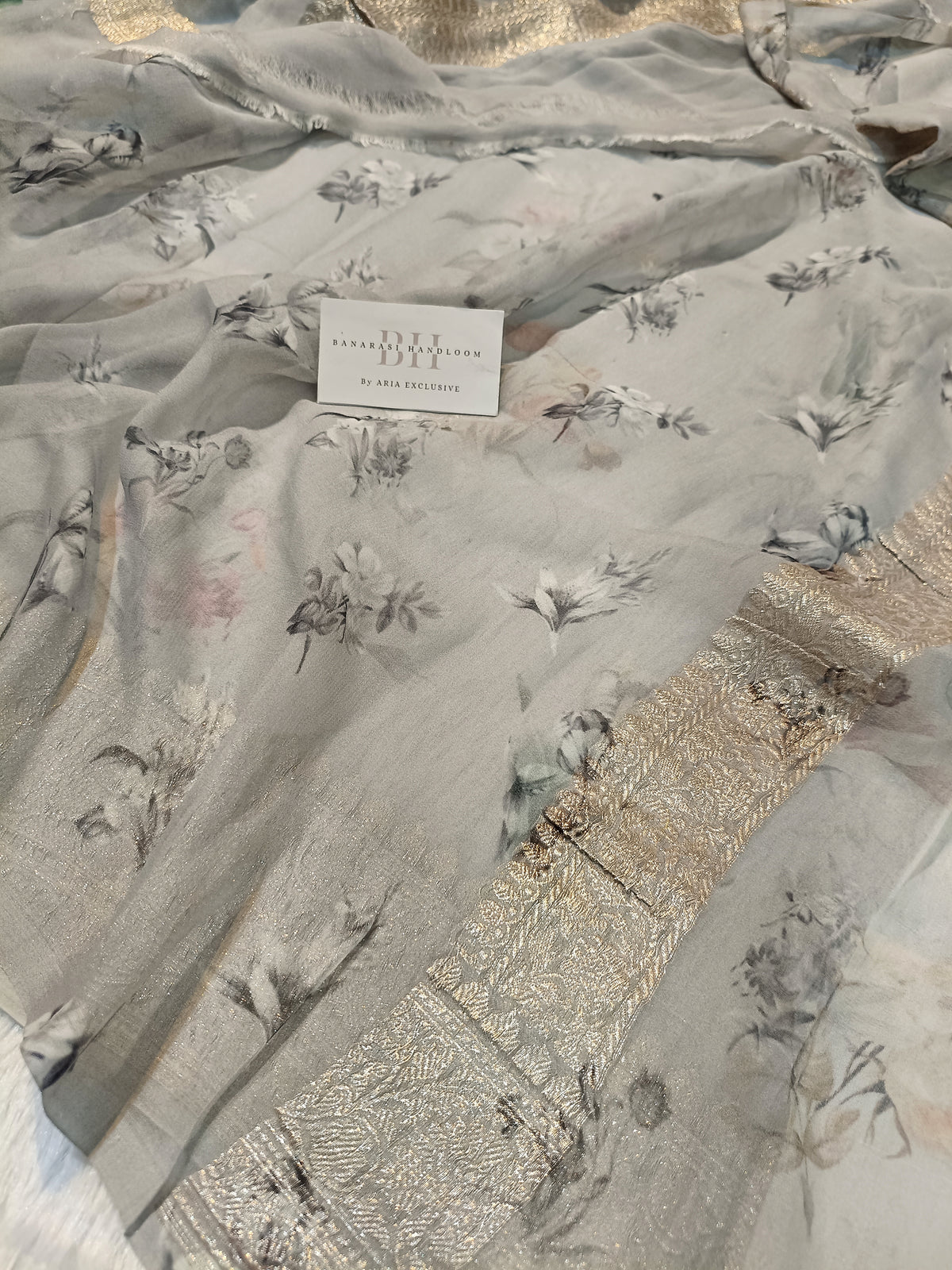 Pure Handloom Khaddi Chiffon Banarasi Saree with Floral Digital Print