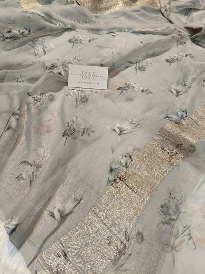Pure Handloom Khaddi Chiffon Banarasi Saree with Floral Digital Print