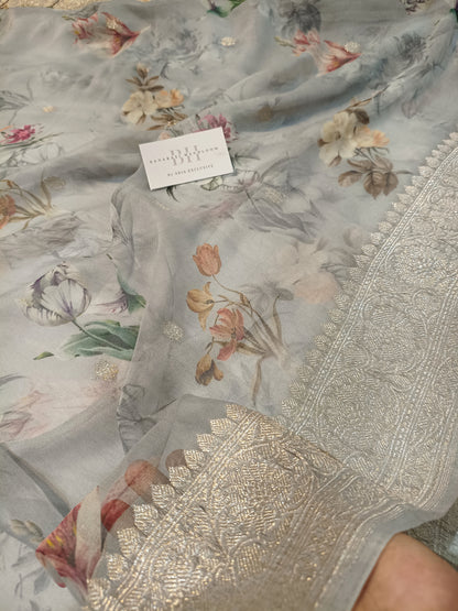 Pure Handloom Khaddi Chiffon Banarasi Saree with Floral Digital Print