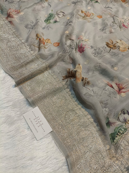 Pure Handloom Khaddi Chiffon Banarasi Saree with Floral Digital Print