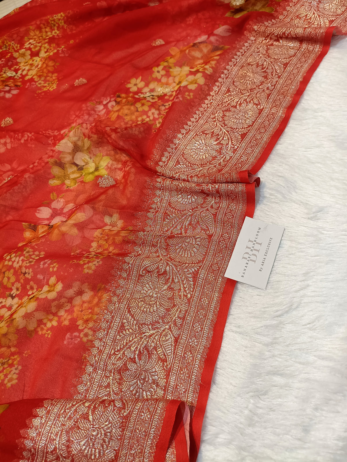 Pure Handloom Khaddi Chiffon Banarasi Saree with Floral Digital Print