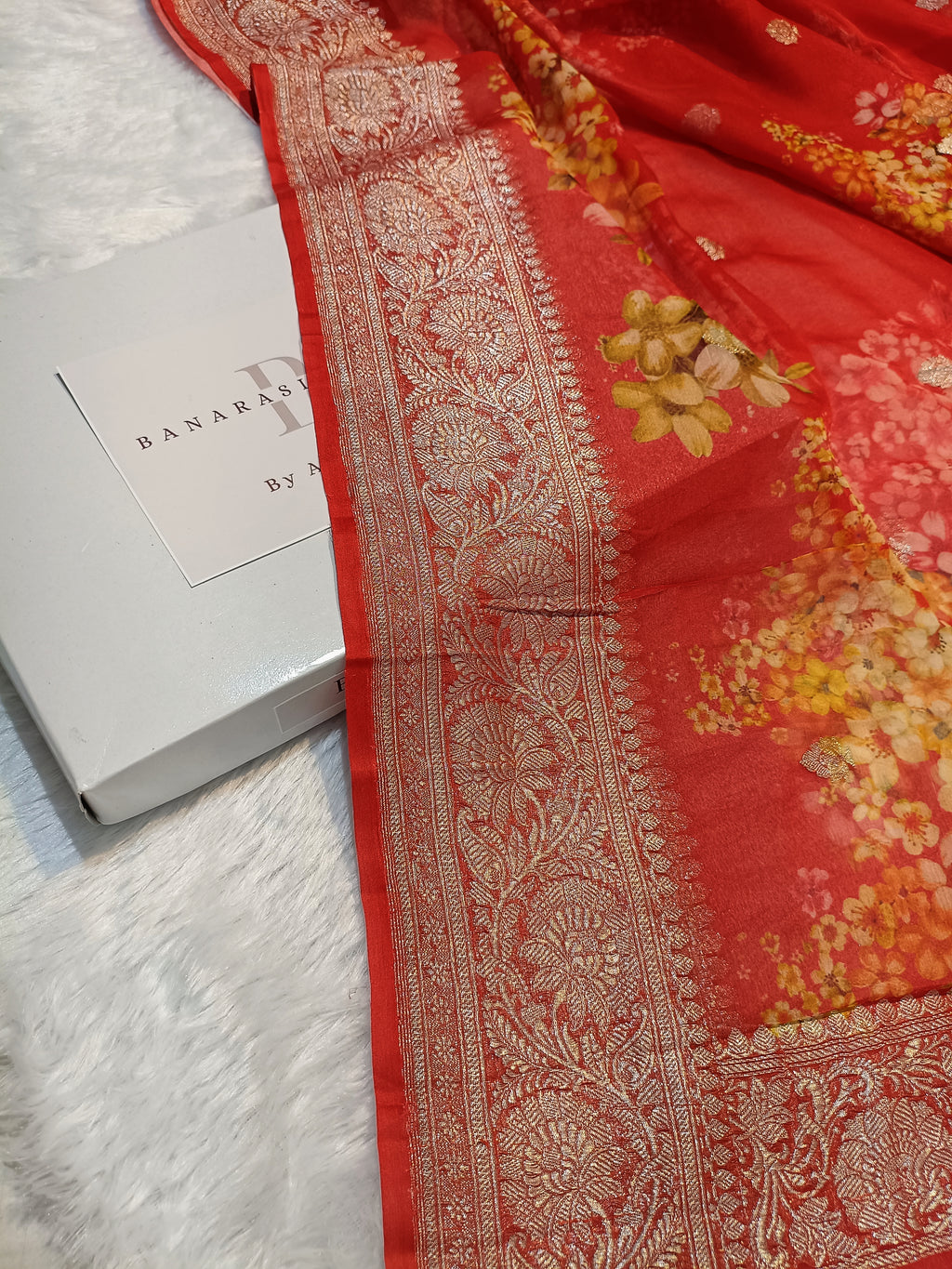 Pure Handloom Khaddi Chiffon Banarasi Saree with Floral Digital Print