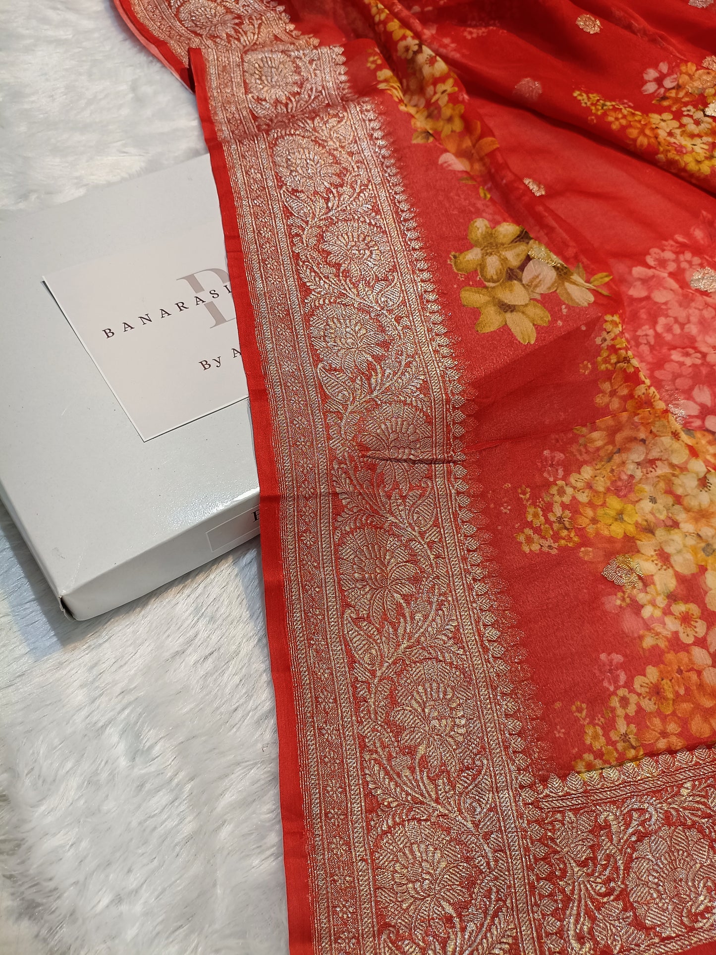 Pure Handloom Khaddi Chiffon Banarasi Saree with Floral Digital Print