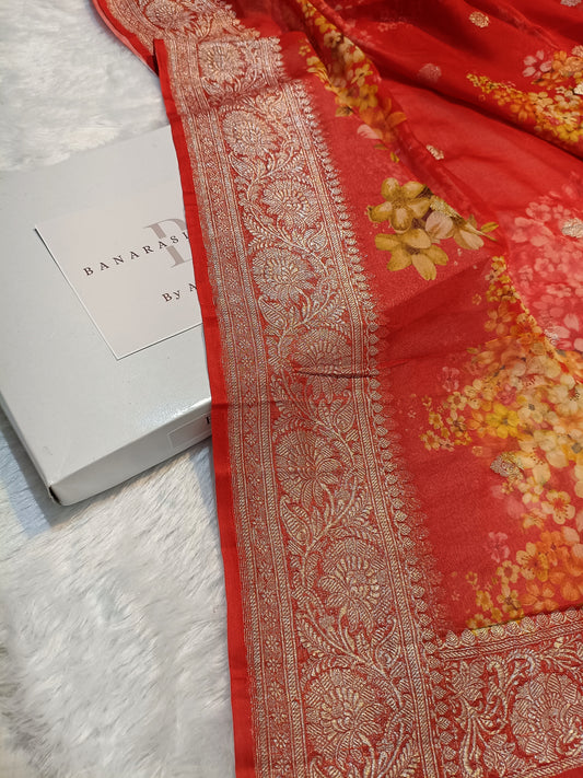 Pure Handloom Khaddi Chiffon Banarasi Saree with Floral Digital Print