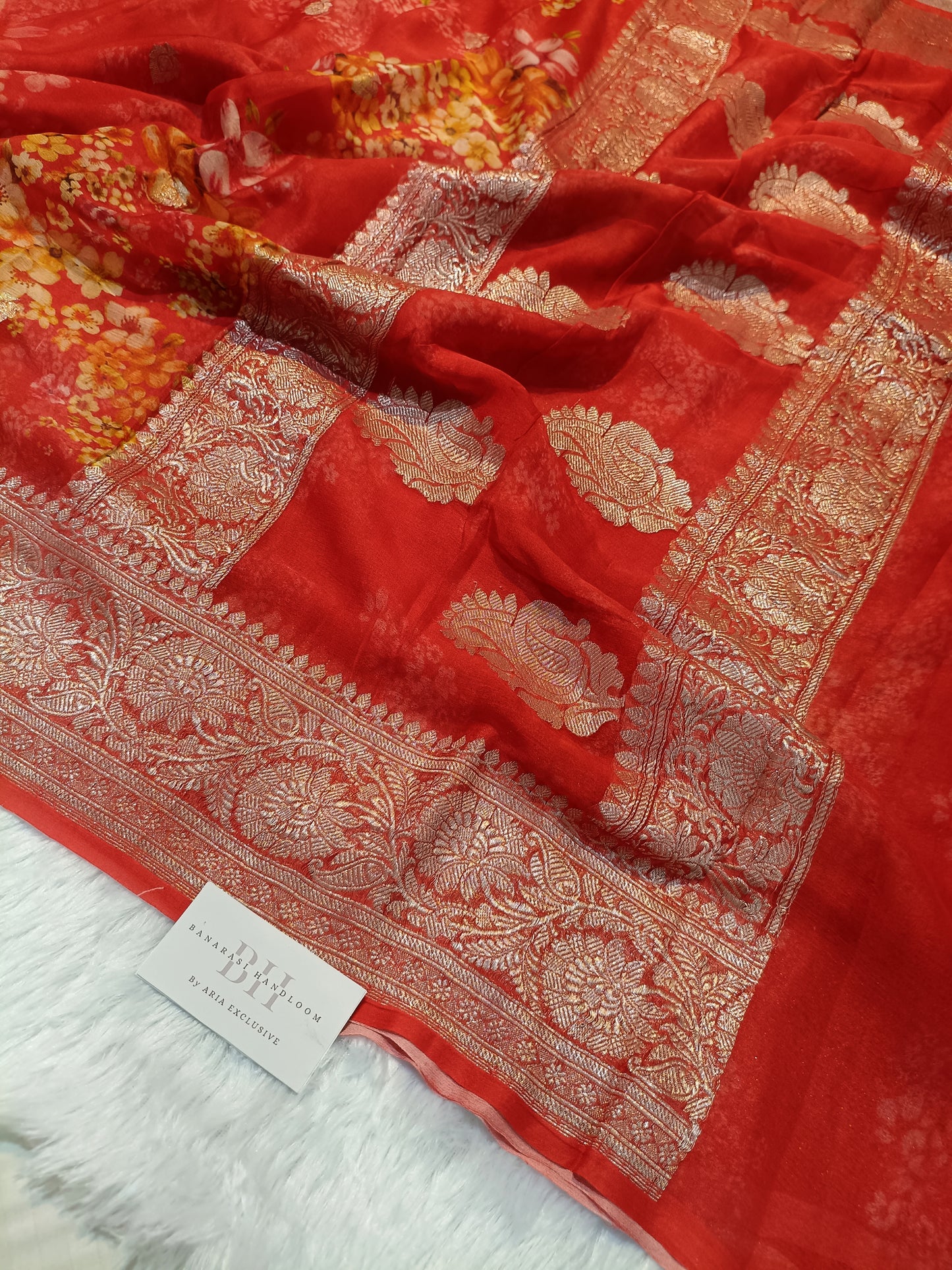 Pure Handloom Khaddi Chiffon Banarasi Saree with Floral Digital Print