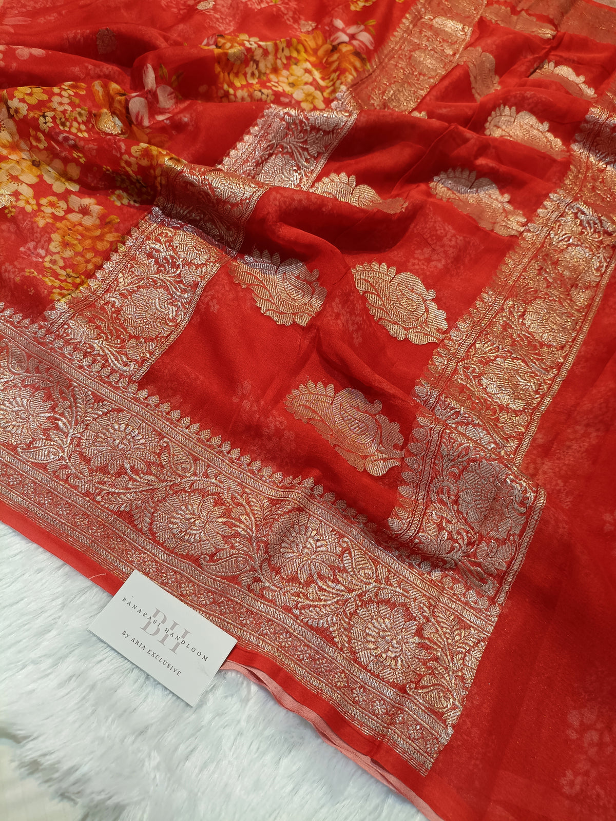 Pure Handloom Khaddi Chiffon Banarasi Saree with Floral Digital Print