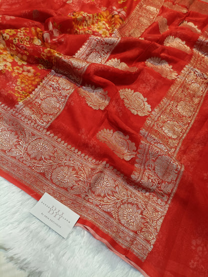 Pure Handloom Khaddi Chiffon Banarasi Saree with Floral Digital Print