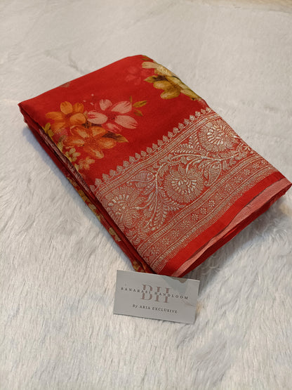 Pure Handloom Khaddi Chiffon Banarasi Saree with Floral Digital Print