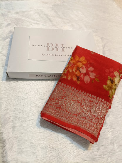Pure Handloom Khaddi Chiffon Banarasi Saree with Floral Digital Print