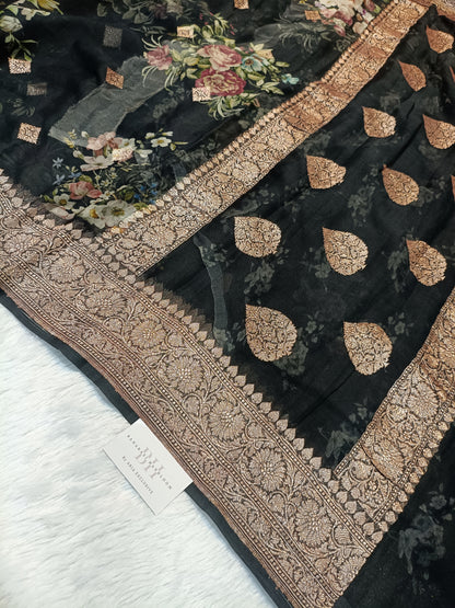 Pure Handloom Khaddi Chiffon Banarasi Saree with Floral Digital Print