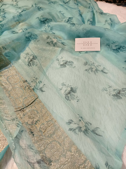 Pure Handloom Khaddi Chiffon Banarasi Saree with Floral Digital Print