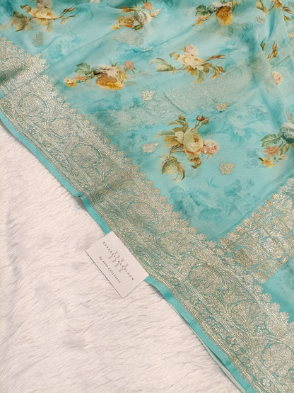 Pure Handloom Khaddi Chiffon Banarasi Saree with Floral Digital Print