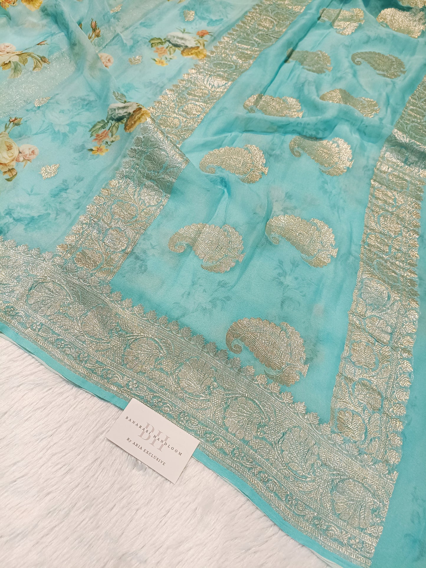 Pure Handloom Khaddi Chiffon Banarasi Saree with Floral Digital Print