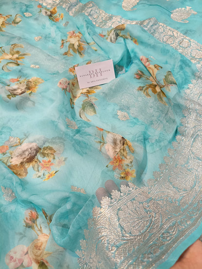 Pure Handloom Khaddi Chiffon Banarasi Saree with Floral Digital Print