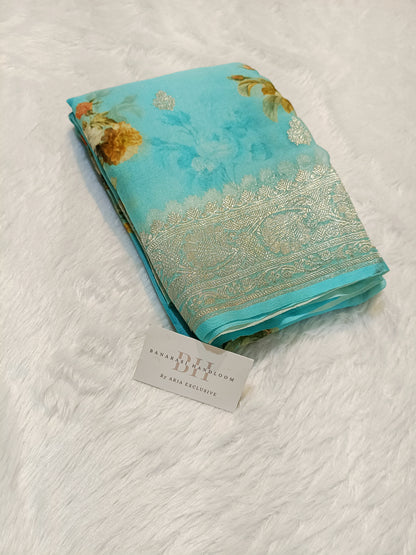 Pure Handloom Khaddi Chiffon Banarasi Saree with Floral Digital Print