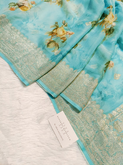 Pure Handloom Khaddi Chiffon Banarasi Saree with Floral Digital Print