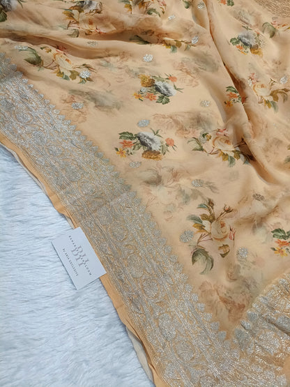 Pure Handloom Khaddi Chiffon Banarasi Saree with Floral Digital Print