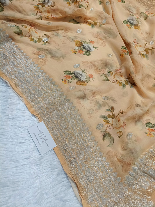 Pure Handloom Khaddi Chiffon Banarasi Saree with Floral Digital Print