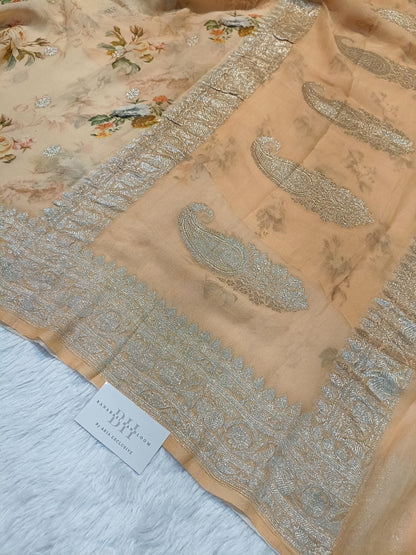 Pure Handloom Khaddi Chiffon Banarasi Saree with Floral Digital Print