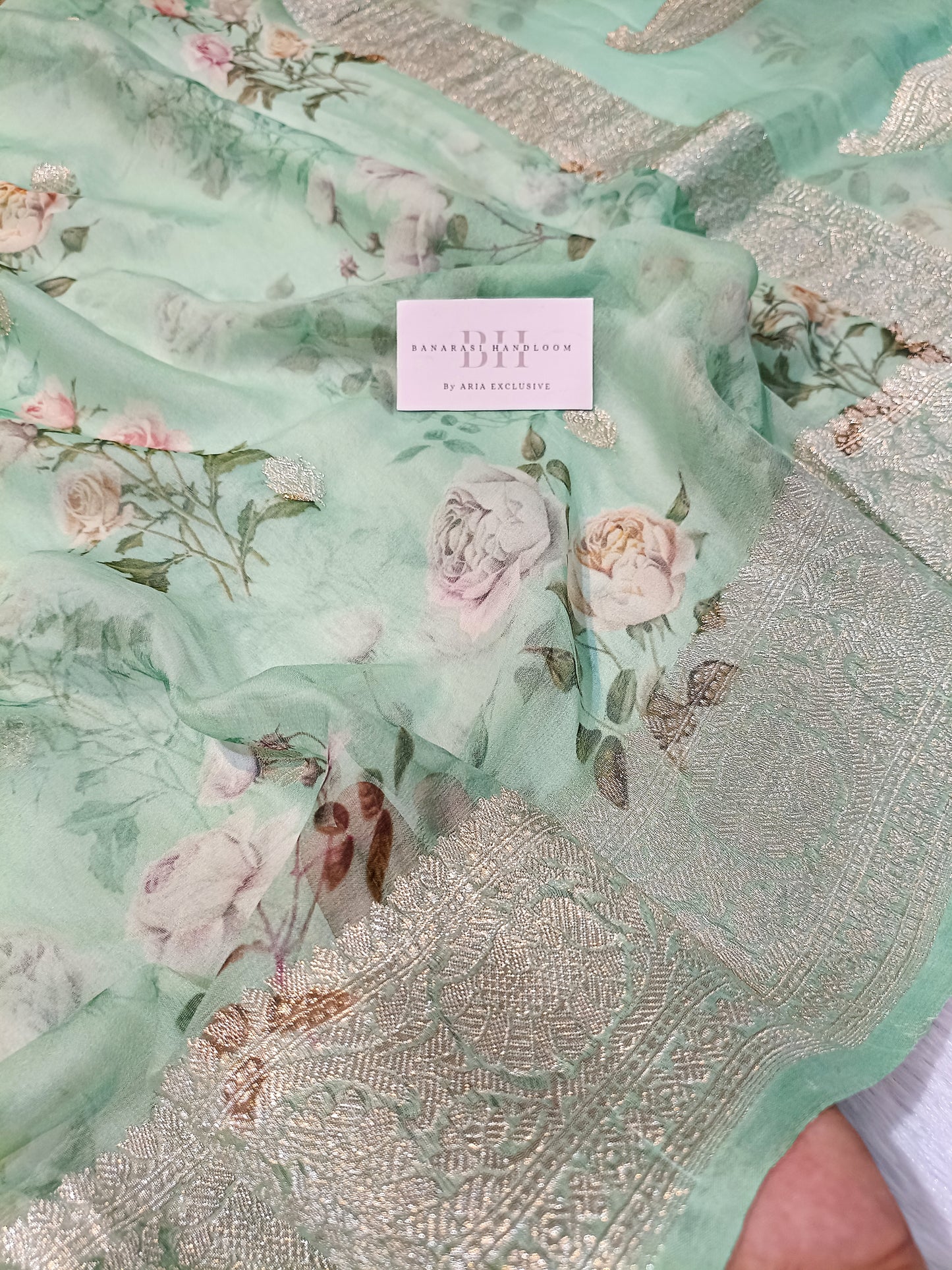 Pure Handloom Khaddi Chiffon Banarasi Saree with Floral Digital Print