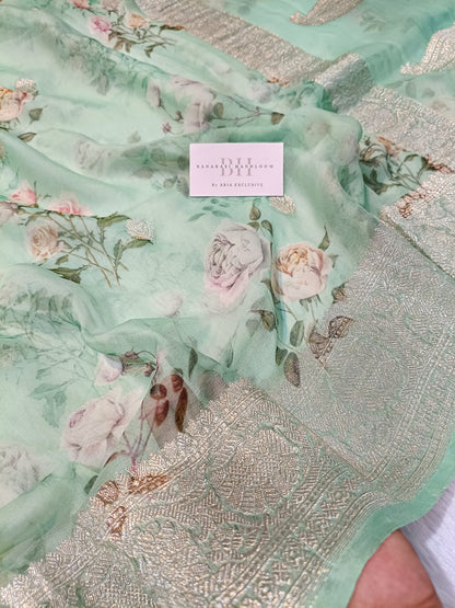 Pure Handloom Khaddi Chiffon Banarasi Saree with Floral Digital Print
