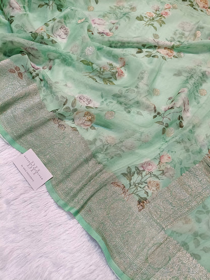 Pure Handloom Khaddi Chiffon Banarasi Saree with Floral Digital Print