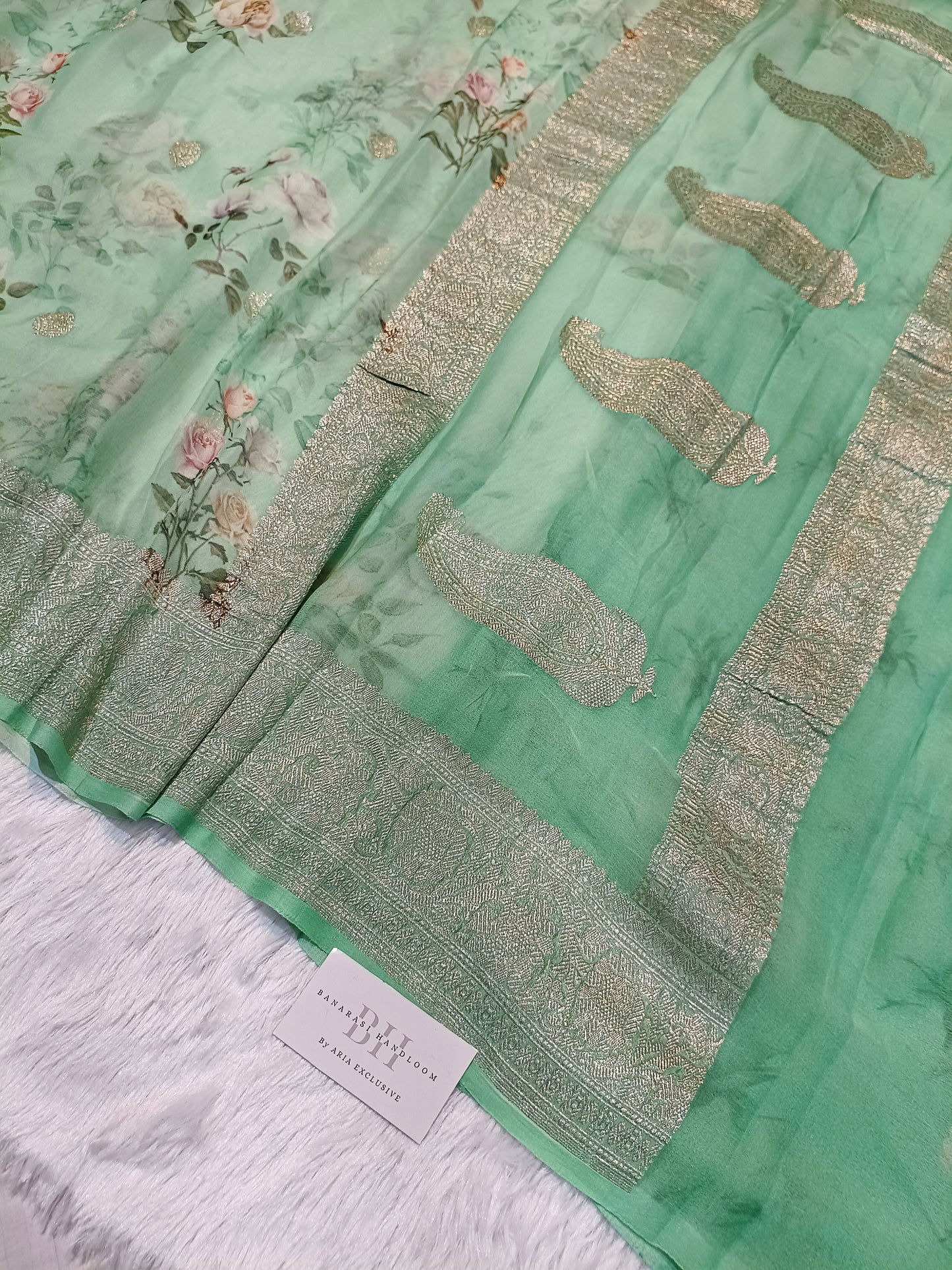 Pure Handloom Khaddi Chiffon Banarasi Saree with Floral Digital Print