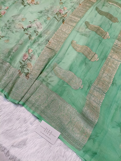Pure Handloom Khaddi Chiffon Banarasi Saree with Floral Digital Print