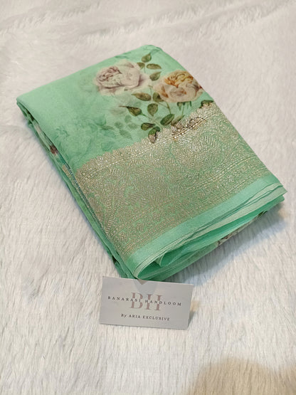 Pure Handloom Khaddi Chiffon Banarasi Saree with Floral Digital Print
