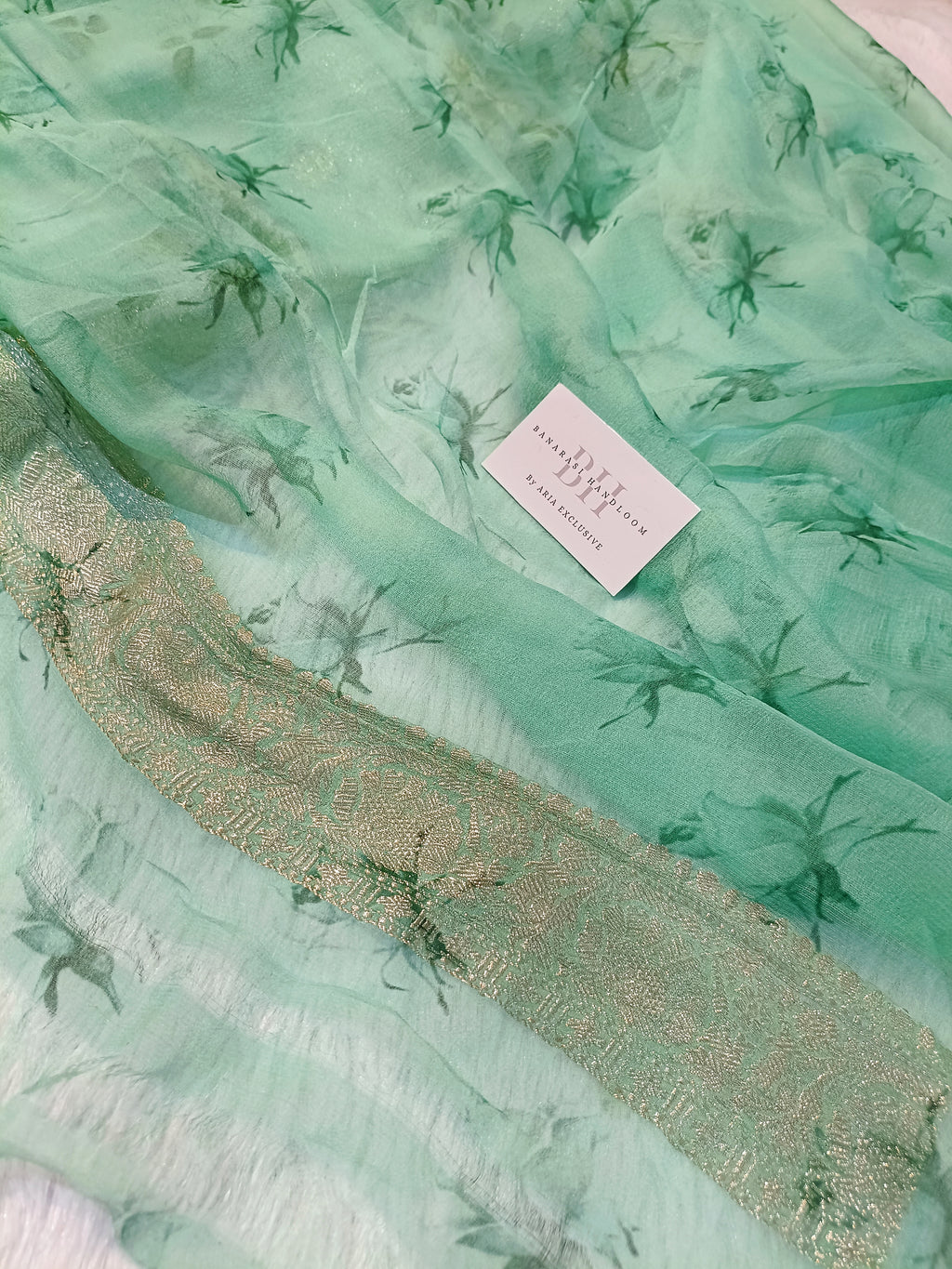 Pure Handloom Khaddi Chiffon Banarasi Saree with Floral Digital Print