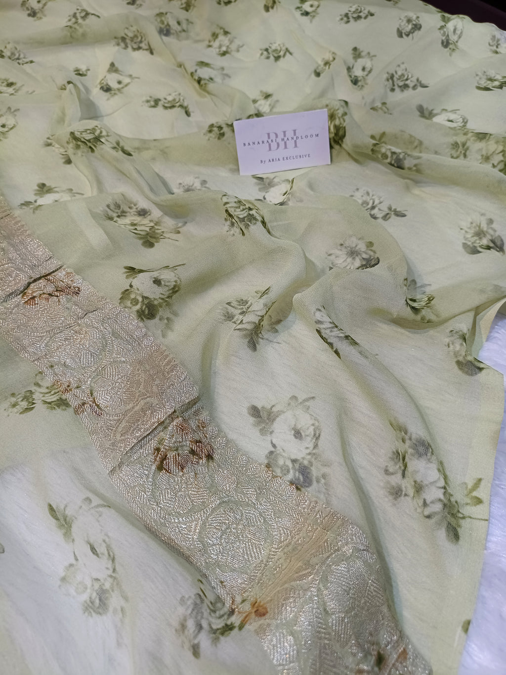 Pure Handloom Khaddi Chiffon Banarasi Saree with Floral Digital Print