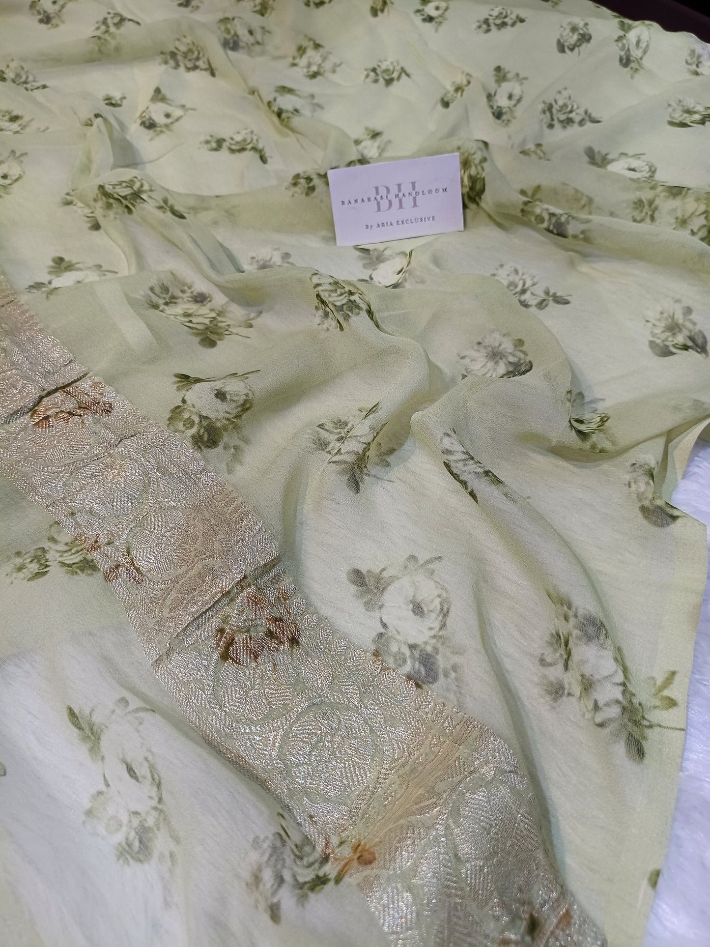 Pure Handloom Khaddi Chiffon Banarasi Saree with Floral Digital Print