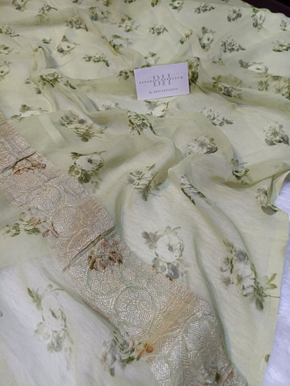 Pure Handloom Khaddi Chiffon Banarasi Saree with Floral Digital Print