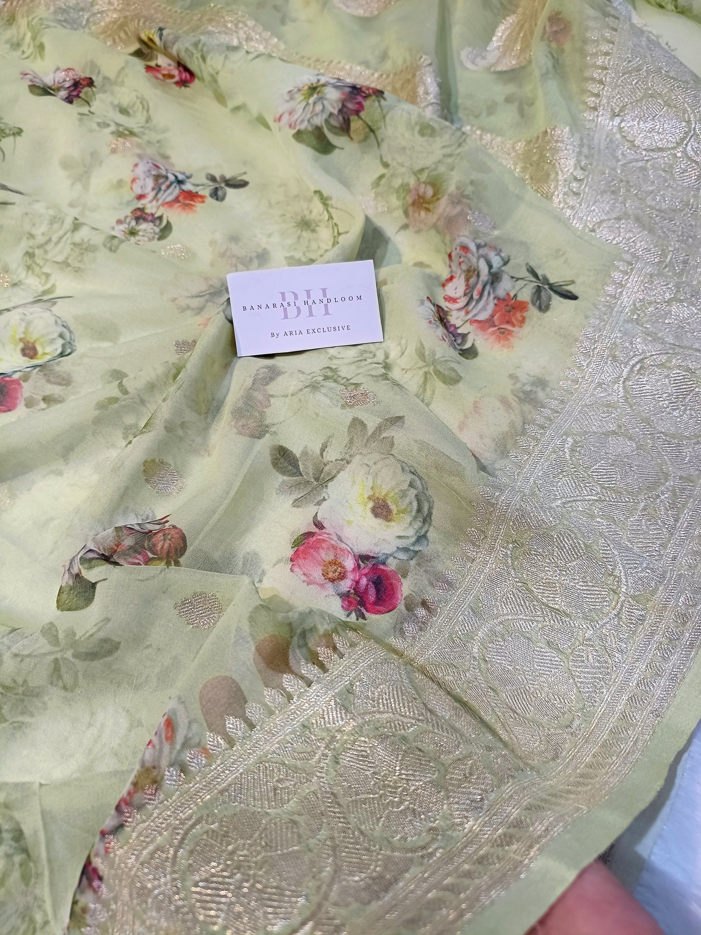 Pure Handloom Khaddi Chiffon Banarasi Saree with Floral Digital Print