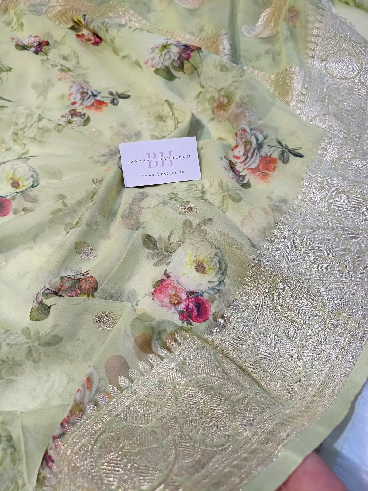 Pure Handloom Khaddi Chiffon Banarasi Saree with Floral Digital Print