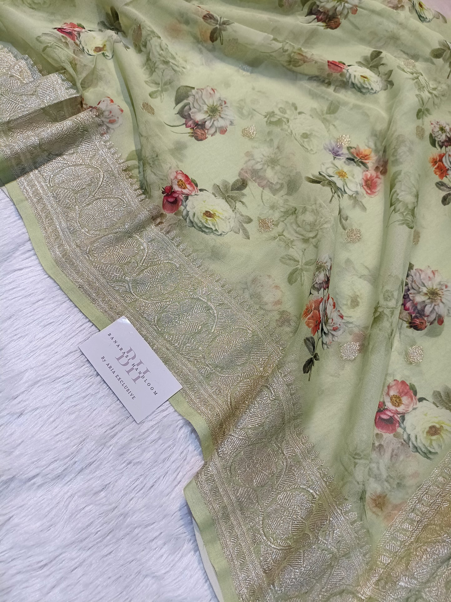 Pure Handloom Khaddi Chiffon Banarasi Saree with Floral Digital Print