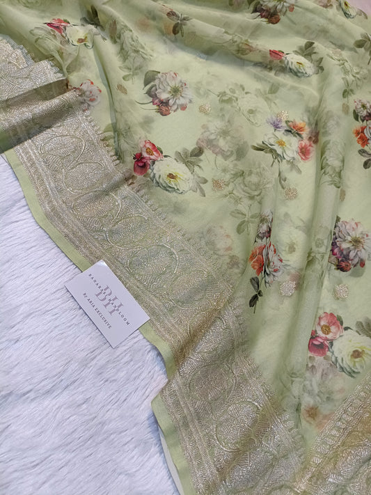 Pure Handloom Khaddi Chiffon Banarasi Saree with Floral Digital Print
