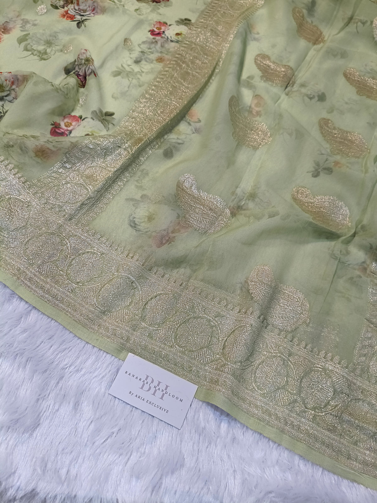 Pure Handloom Khaddi Chiffon Banarasi Saree with Floral Digital Print