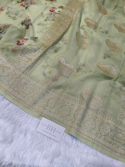 Pure Handloom Khaddi Chiffon Banarasi Saree with Floral Digital Print