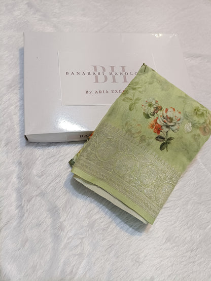 Pure Handloom Khaddi Chiffon Banarasi Saree with Floral Digital Print
