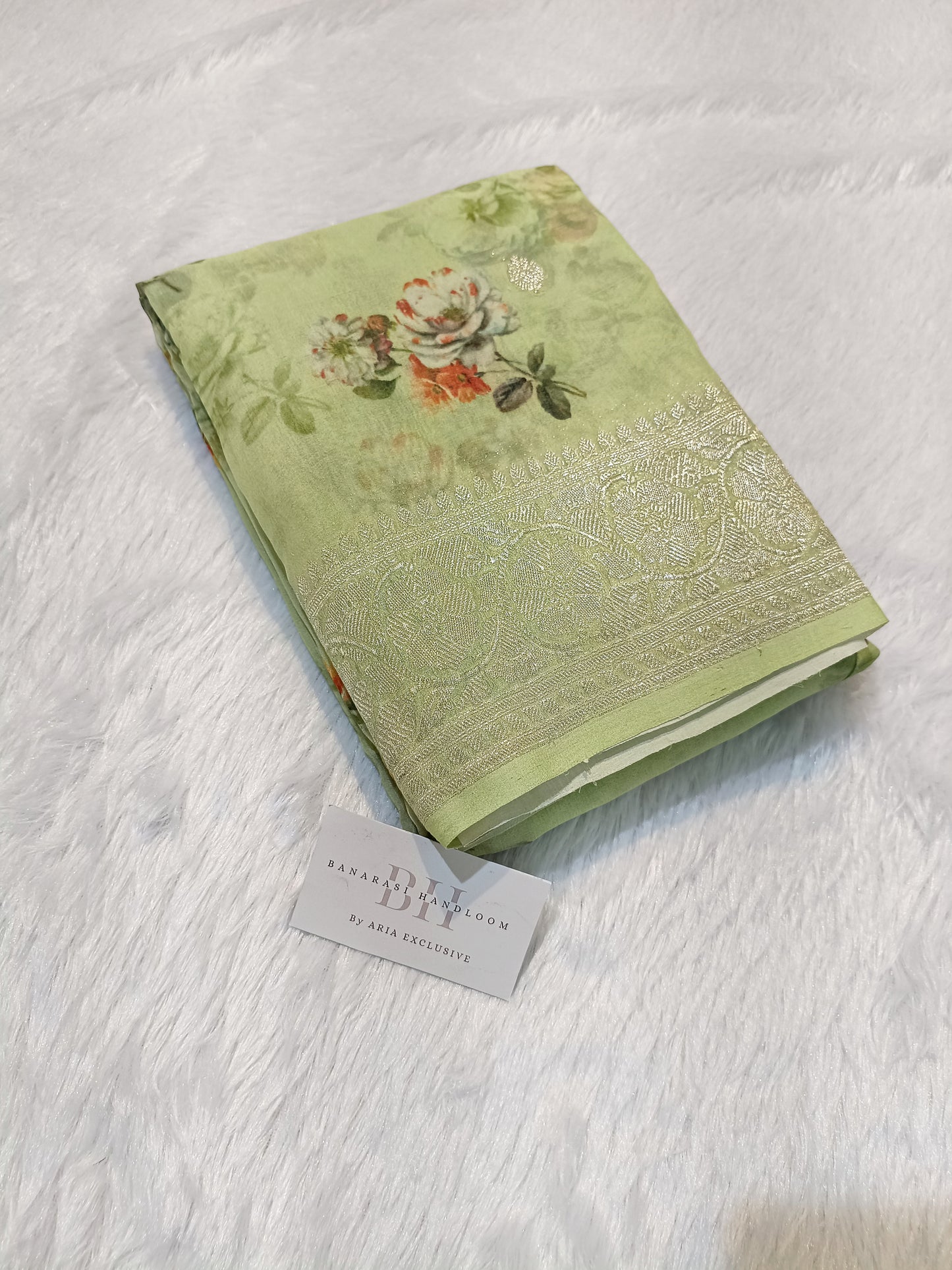 Pure Handloom Khaddi Chiffon Banarasi Saree with Floral Digital Print