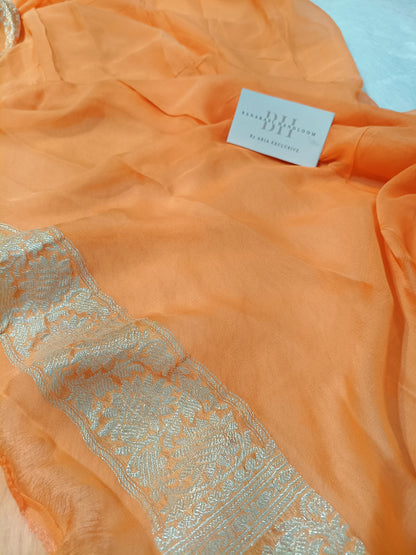 Pure Handloom Khaddi Chiffon Silver Zari Banarasi Saree