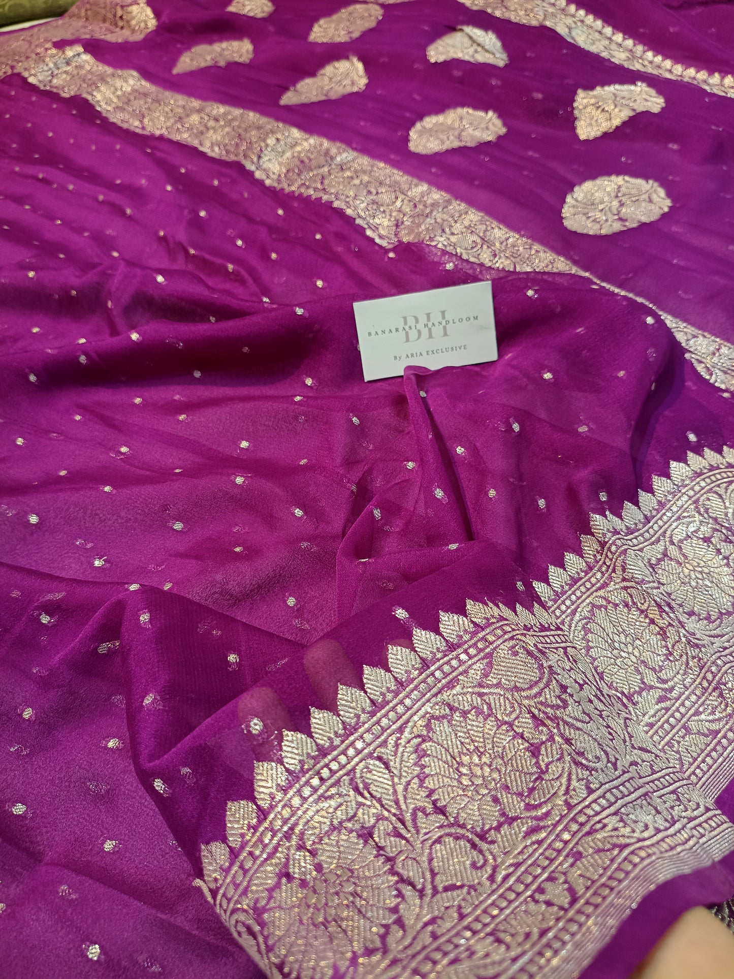 Pure Handloom Khaddi Chiffon Silver Zari Banarasi Saree