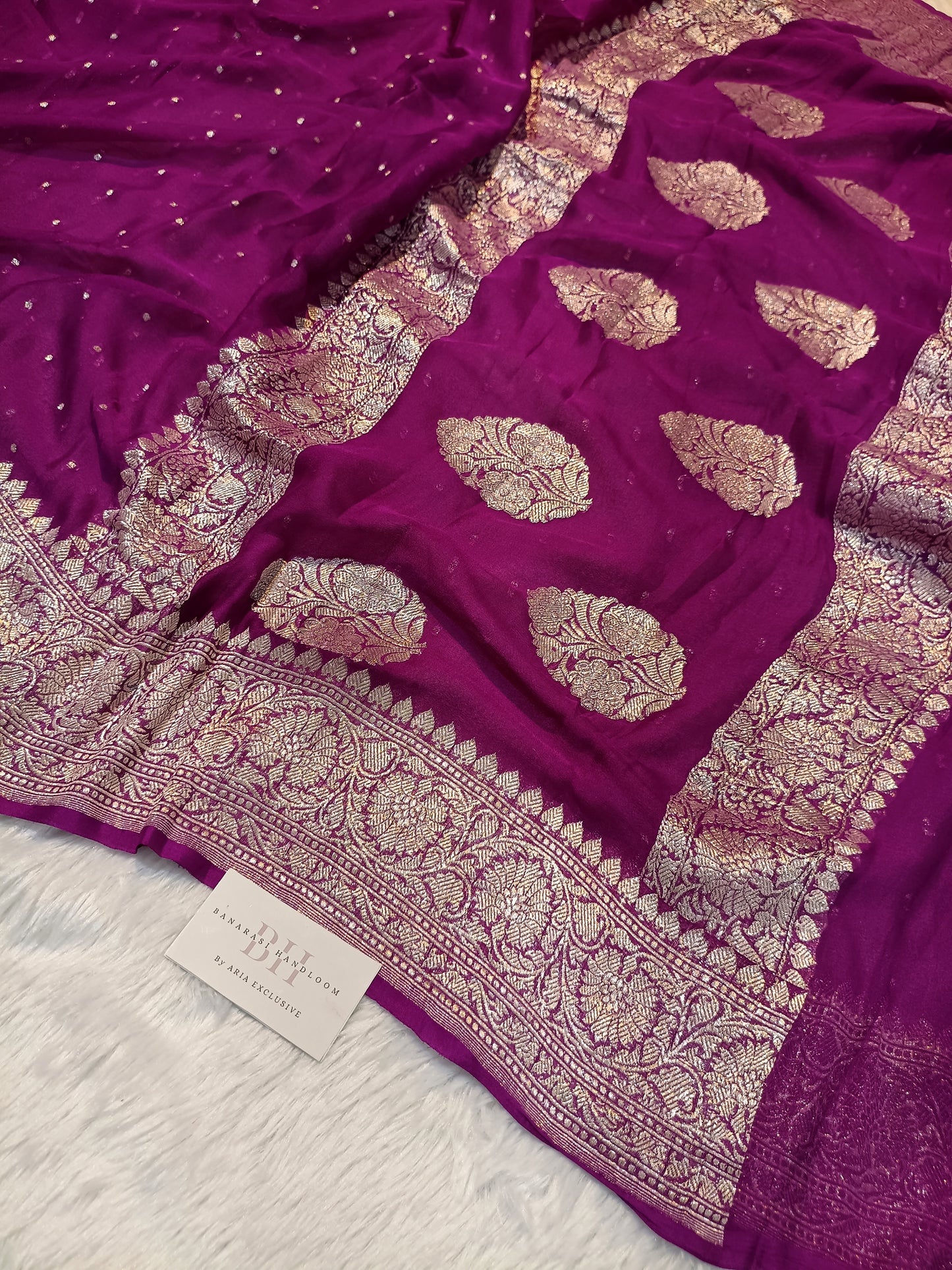 Pure Handloom Khaddi Chiffon Silver Zari Banarasi Saree