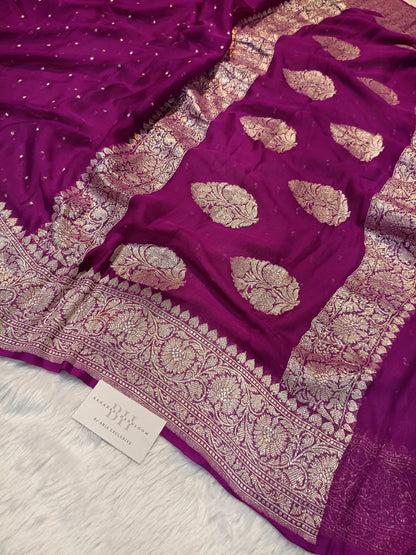 Pure Handloom Khaddi Chiffon Silver Zari Banarasi Saree