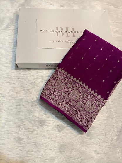 Pure Handloom Khaddi Chiffon Silver Zari Banarasi Saree