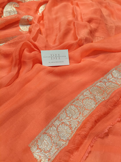 Pure Handloom Khaddi Chiffon Silver Zari Banarasi Saree
