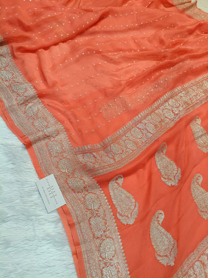 Pure Handloom Khaddi Chiffon Silver Zari Banarasi Saree
